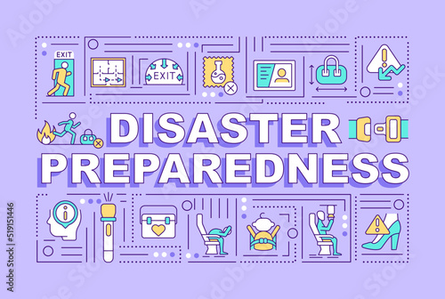 Disaster preparedness word concepts purple banner. Potential hazards. Infographics with editable icons on color background. Isolated typography. Vector illustration with text. Arial-Black font used