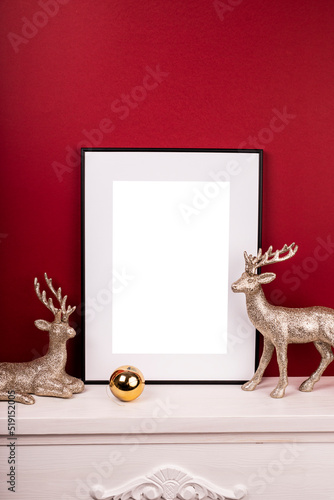 Mock up poster. Minimal template with empty picture frame mock up. Minimalist Christmas interior decoration, reindeer