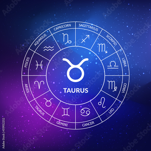 Taurus zodiac sign. Zodiac circle on a dark blue background of the space