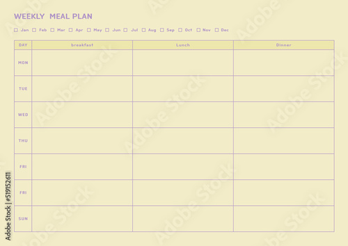 Note, scheduler, diary, planner document template illustration. Weekly meal plan template.