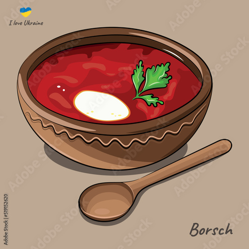 Dish of national Ukrainian cuisine, borsch in a clay plate and a wooden spoon on a beige background, flat vector