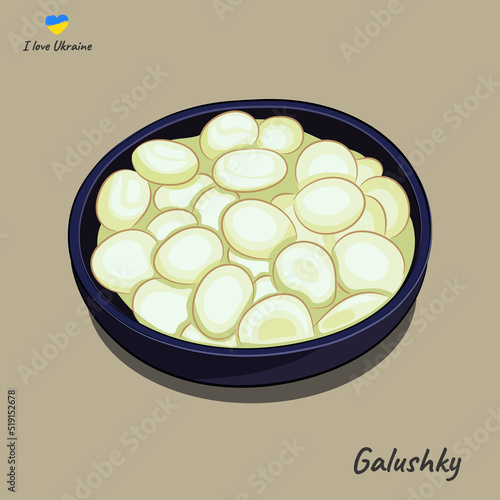 Dish of national Ukrainian cuisine, pieces of boiled dough in a clay plate, flat vector on a beige background