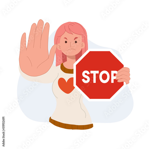 A woman holding red stop road sign. Protest and fight concept. flat vector illustration.