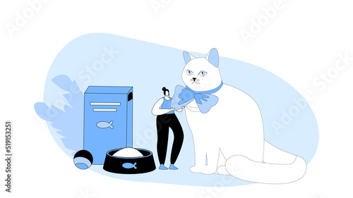 Tiny Female Character with Huge Cat and Accessories for Domestic Animal. Food in Plate and Package, Toy Ball