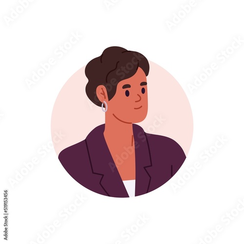 Businesswoman avatar, face portrait. Modern young business woman head in circle. CEO, office worker in jacket profile. Advisor, expert girl. Flat vector illustration isolated on white background