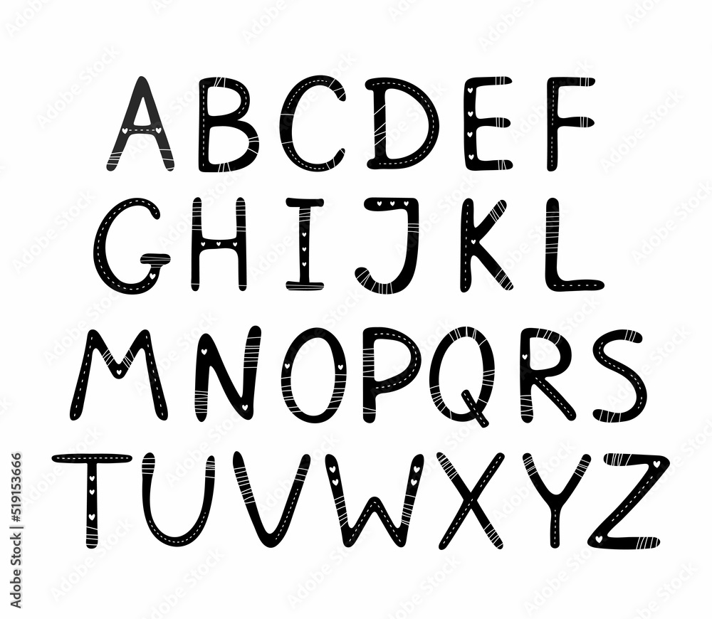 A set of letters of the English alphabet. Black and white font with an ornament.