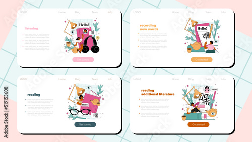 Chinese language learning web banner or landing page set. Language school