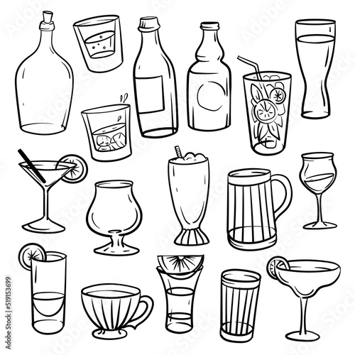 Glass containers for drinks. Illustration in doodle sketch style.