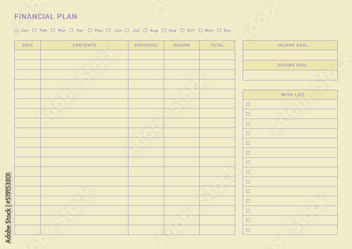 Note, scheduler, diary, planner document template illustration. financial planning form.