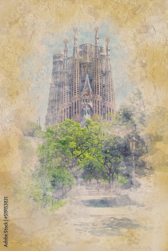 Photography Basilica de la Sagrada Familia in Barcelona - Watercolor effect illustration