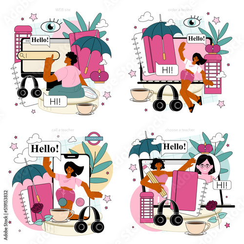 English class online service or platform set. Study foreign languages