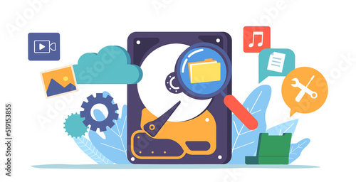 Backup and Data Recovery Modern Technologies Concept. Computer Hard Disk, Cloud Storage, Media Files and Instruments