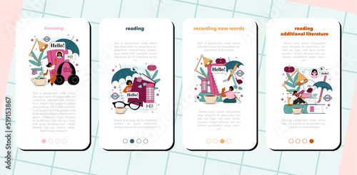 English class mobile application banner set. Study foreign languages