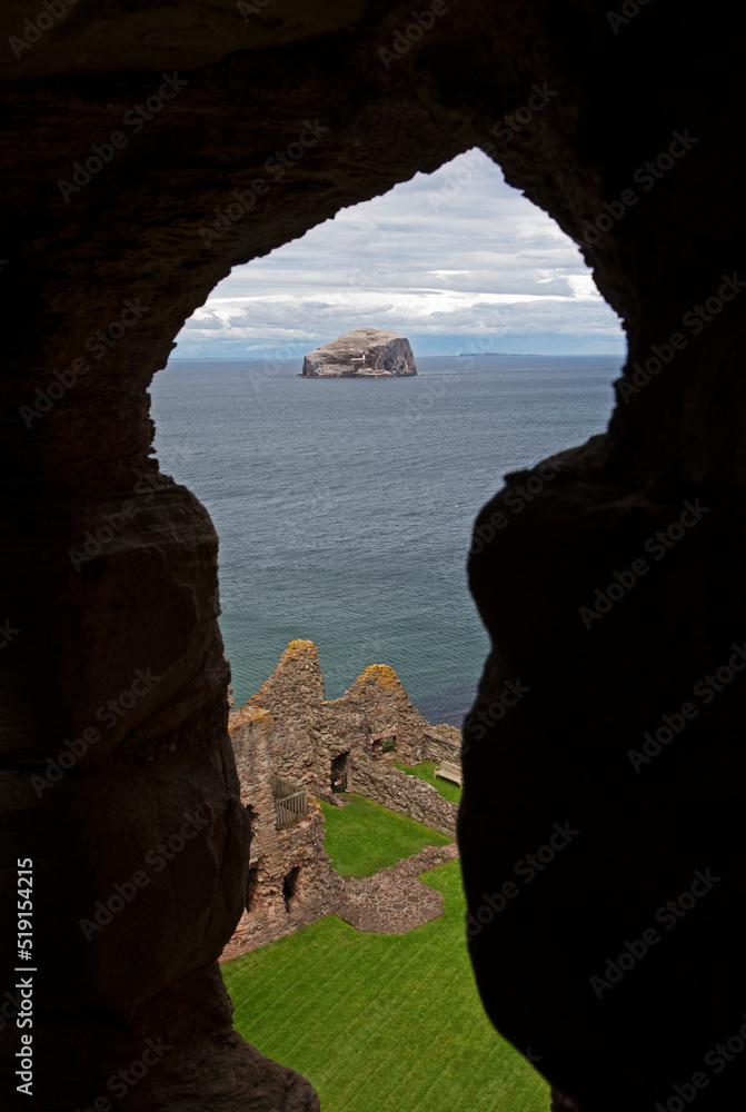 Bass Rock volcanic island from the ruined window of Tantallon Castle