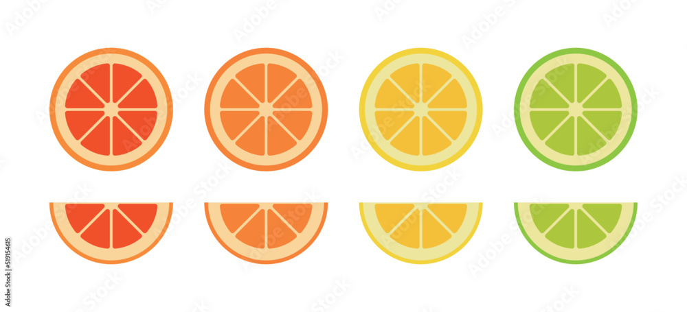 Citrus fruit cross section slice illustration graphic set. Grapefruit, orange, lime, lemon and tangerine illustration.