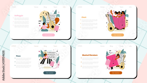 Music school or course web banner or landing page set. Students learn