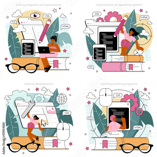 Programming concept set. Idea of coding, testing and writing program