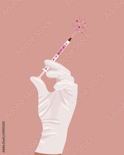 Nurse hand holding a syringe with little hearts inside. Beauty anti-age  injection concept illustration
