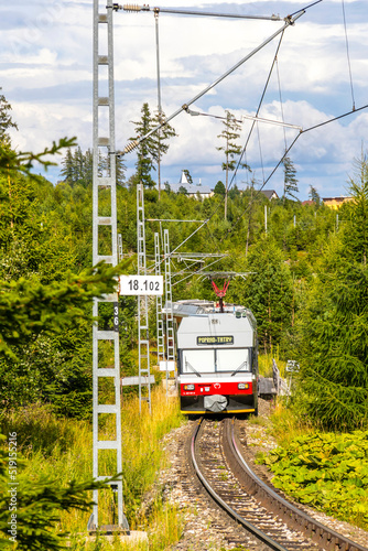 High Tatras, Slovakia - July 2018: Tatra Electric Railways (TEZ-TER) train (also known as 