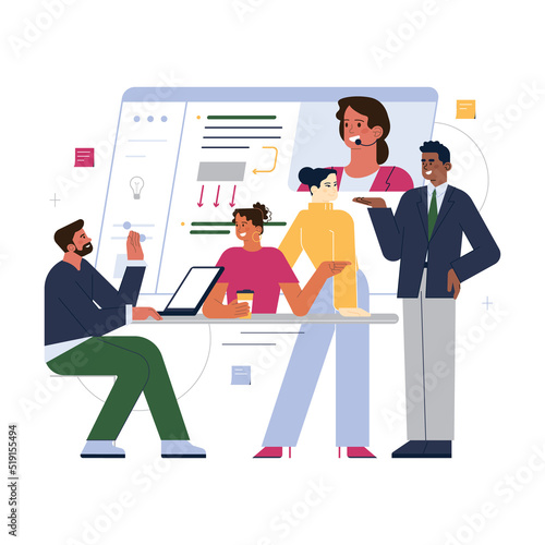 Modern coworking and office space routine. Coworker briefing