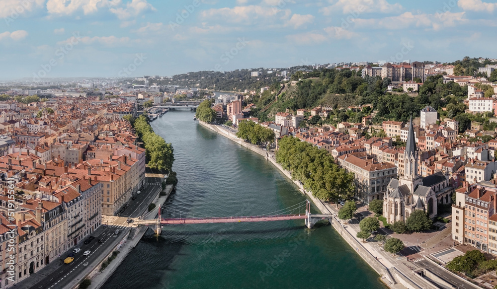 panorama of Lyon, Saint Georges church and bridge over Saone river, France