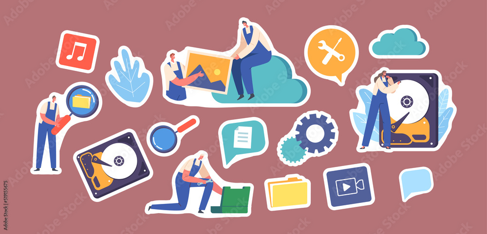 Set of Stickers Data Recovery, Backup and Protection, Hardware Repair Service. Characters in Worker Uniform Fix Files
