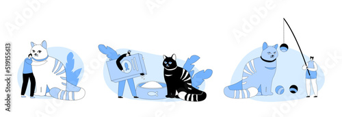 Set People Spend Time with Pets. Tiny Male and Female Characters Caring of Huge Cat, Feed, Play, Hugging, Animals Care