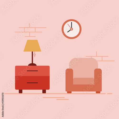 Cute minimalist interior. Living room in pink tones. A single sofa, a small cupboard beside it, and a lamp above it. Brick wall and simple wall clock. Comfortable room interior.