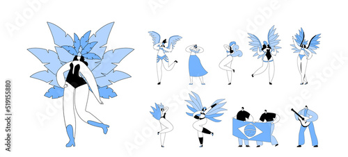 Set Rio Carnival Musicians and Artists, Isolated Young Men or Women with Flag, Playing Guitar, Dancers wear Exotic Dress