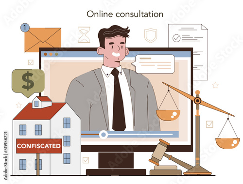 Bailiff concept online service or platform. Court officer confiscating