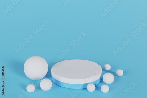 Abstract 3D render with realistic blue and white geometric pedestal podium with white beads. Luxury minimal scene for product display presentation. Geometric platform design.