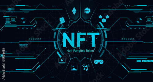 Banner NET logos and icon of unique digital goods, for business technologies, cryptocurrencies, crypto art, digital assets. Infographics of NFT Collectibles Market. Mining, technology of unique token.