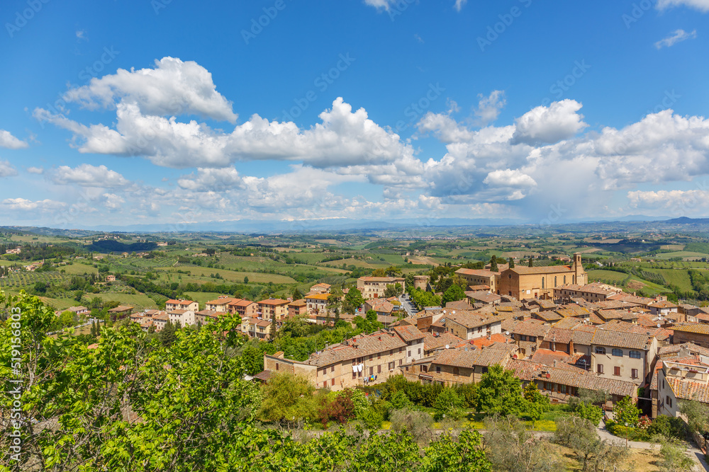 Aerial view of a landscape in Tuscany with the city of San Gimignano in Italy