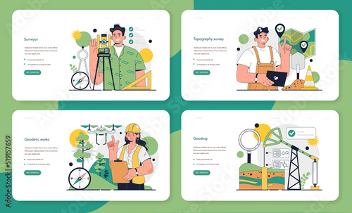 Surveyor web banner or landing page set. Land surveying technology,