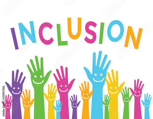 inclusion concept, colorful hands with smiley faces background, vector illustration