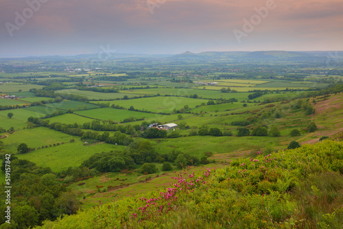 Landscape view from Carlton Bank looking towards Roseberry Topping, North Yorkshire Moors National Park, England, UK.