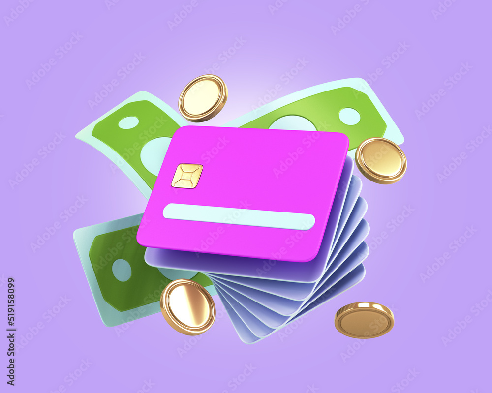 Сoncept of bank services credit card and fly bills 3d render illustration on blue background