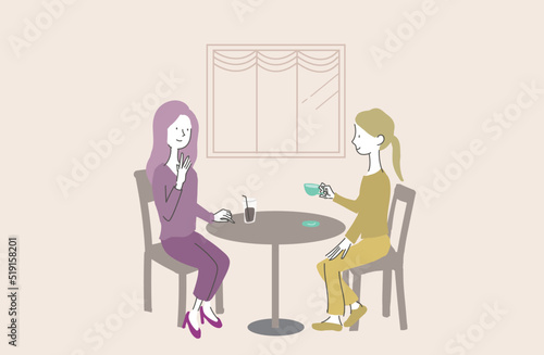 カフェで会話をする女性　イラスト