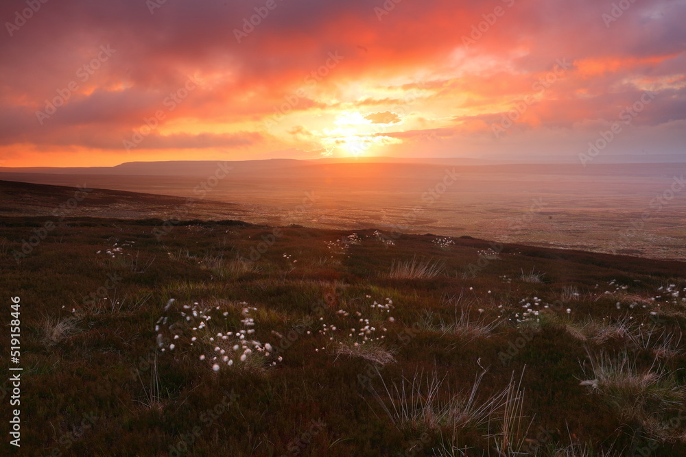 Sunset over the Penines near Tann Hill, North Yorkshire, England, UK.