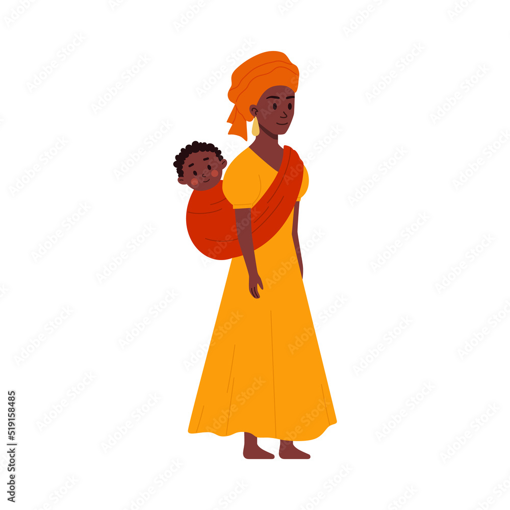African woman in long yellow dress and headdress with baby in sling on back flat style