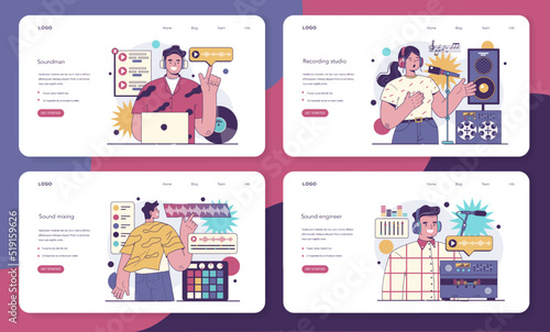 Sound engineer web banner or landing page set. Music production industry