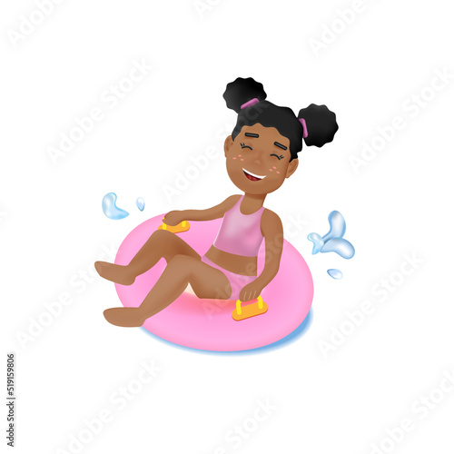 Girl sliding on inflatable ring with splashes.  3d cartoon vector illustration isolated on white background. Summer time.