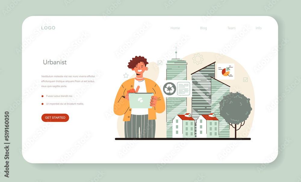 Urbanist web banner or landing page. Architect studying and developing