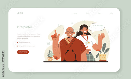 Translator web banner or landing page. Linguist translating document