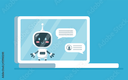 Laptop with robotic customer service, cute chat bot character - flat vector illustration isolated on blue background.