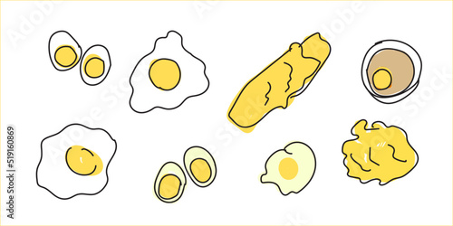 Fresh and boiled eggs. Cartoon broken eggs with cracked eggshell, vector illustration