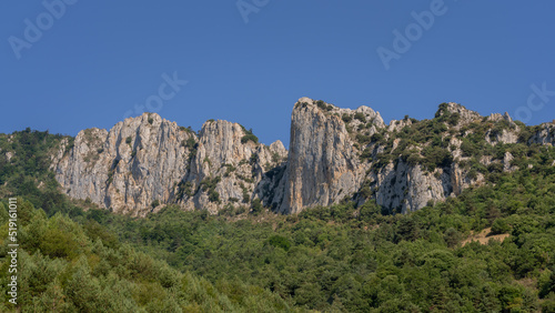 Colorful summer landscape panorama of rocky mountain ridge emerging from forest in the Aude Pyrenees near Salvezines, France