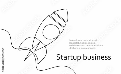 Continuous one line drawing of Rocket launch, ship. Continuous line drawing. Startup business. Vector illustration. Isolated on white background. © mitay20