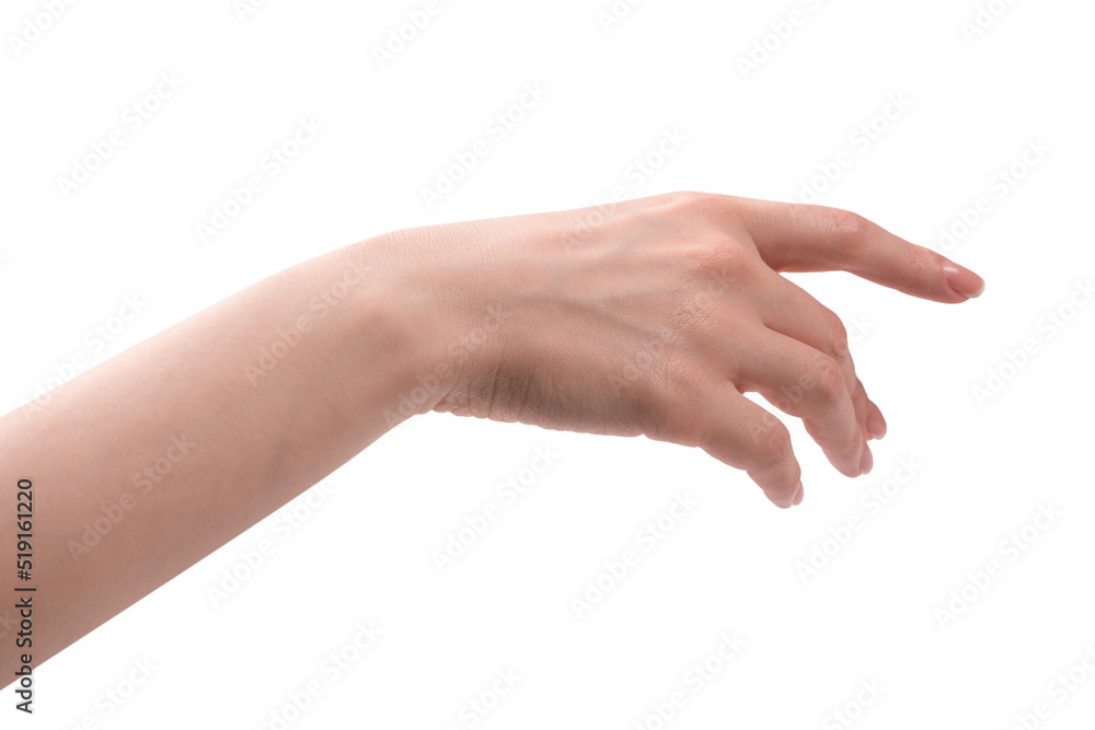 Woman hands with french manicure isolated on white bacckground.