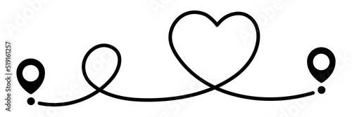 Pin map line in heart shape. Navigation pointers. Vector illustration isolated on white.